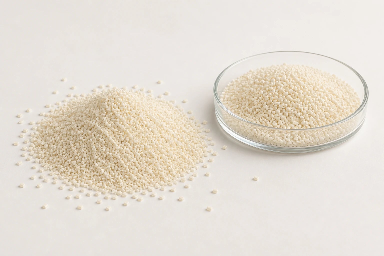 Plastic Compatibilizer: irregular ivory compatibilizer granules shown loose and in a glass sample dish