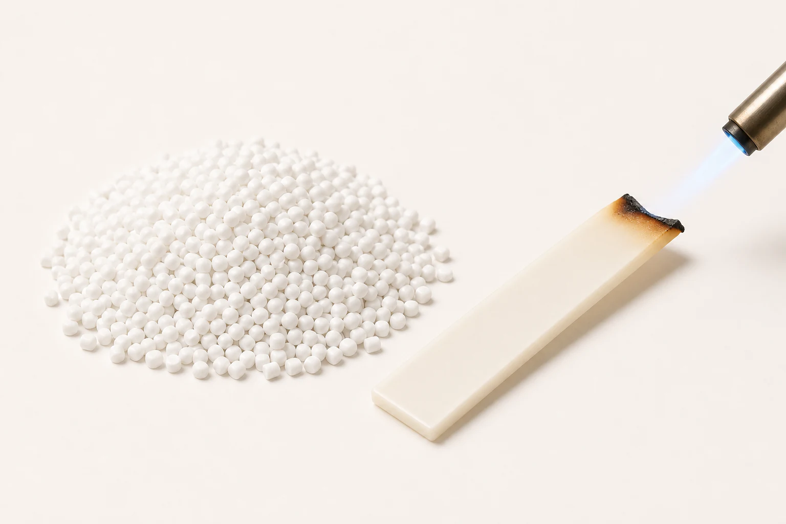 Plastic Flame Retardant: white additive granules beside a plastic strip undergoing a flame test