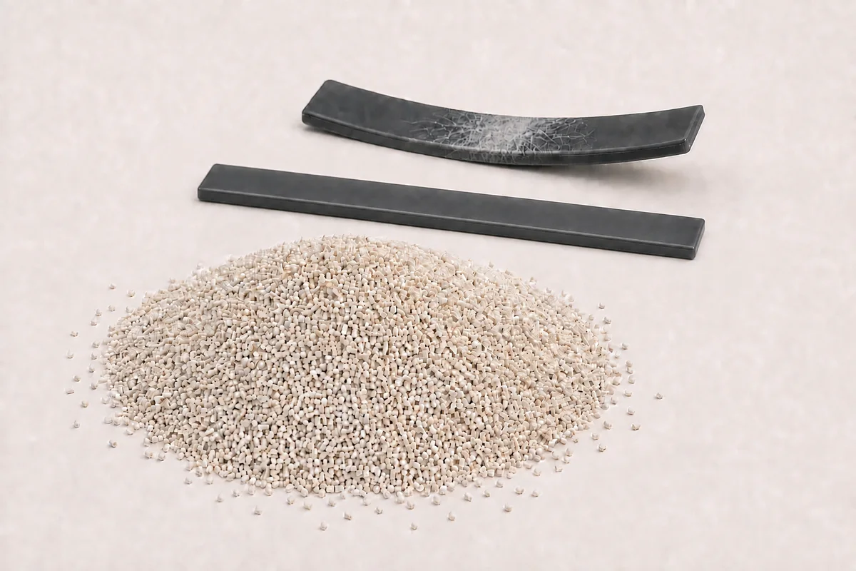 Plastic Stiffening Agent: uniform one-millimeter cylindrical stiffening-agent microgranules beside matching dark test strips with visible bend whitening