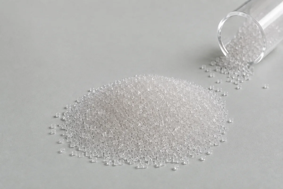 Transparent Impact Modifier Granule: macro view of sub-one-millimeter clear-translucent cylindrical impact-modifier granules in a compact loose pile beside a tipped sample cup