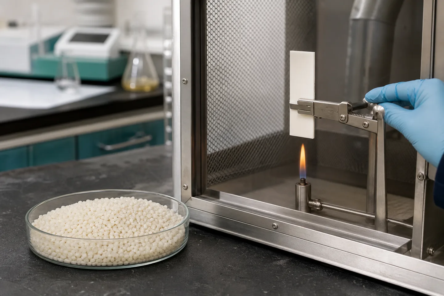 Laboratory flame test used to evaluate a flame-retardant polymer formulation