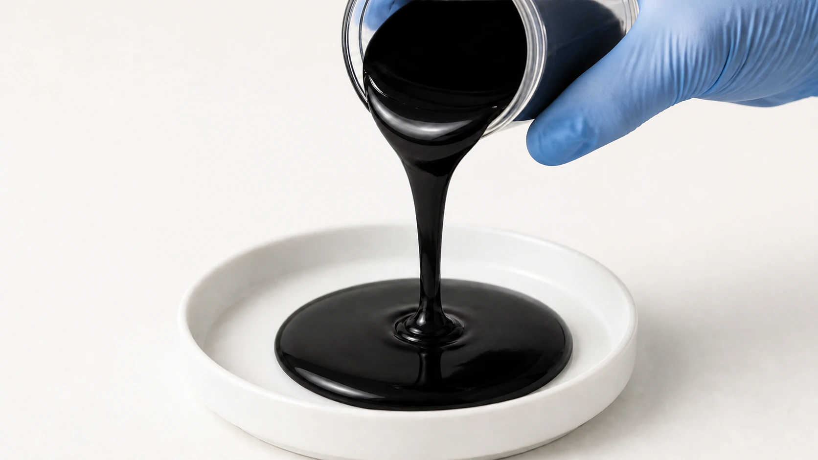 Modified PVC Liquid Plastisol: blue-gloved laboratory hand pouring black PVC plastisol into a white sample dish