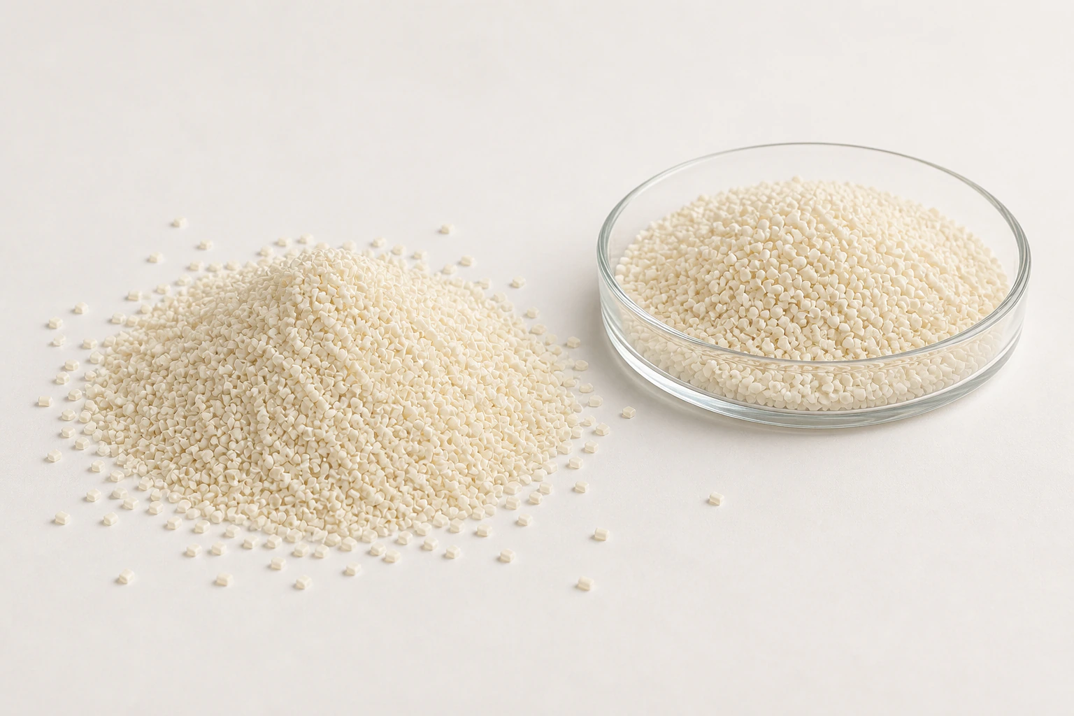 Plastic Compatibilizer: irregular ivory compatibilizer granules shown loose and in a glass sample dish