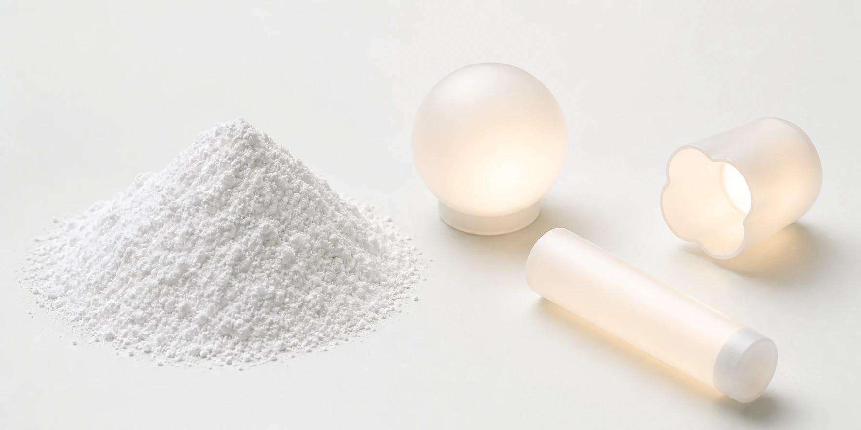 Light Diffusion Agent: white diffusion powder beside illuminated spherical, tubular and shaped plastic diffusers