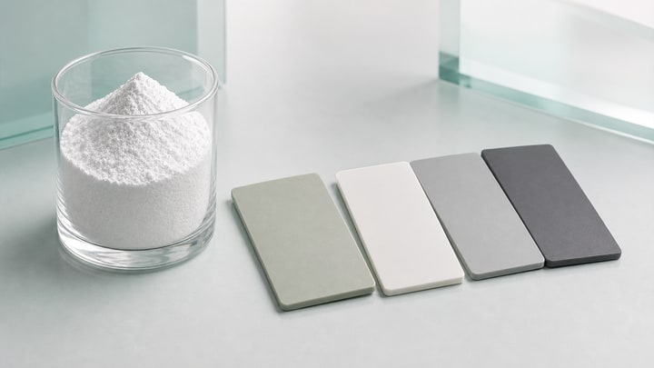Matting agent powder in a clear container with matte plastic sheets