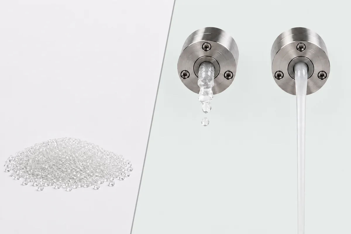 Melt Flow Index Modifier: hard-split composition of transparent A-490 microgranules and matched PP extrusion outlets showing interrupted versus continuous flow on a cool gray-green comparison panel
