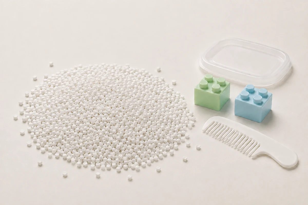 Antibacterial Mould and Mildew Inhibitor: uniform short-cut white antibacterial masterbatch granules in a low natural mound beside children's toy blocks, a comb and a household container lid