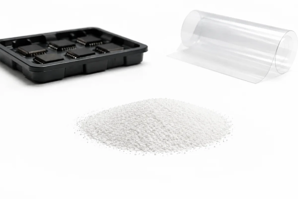 Plastic Antistatic Agent: a low compact sample mound of cool pearl-white antistatic powder beside an electronic component tray and clear plastic packaging film on one tabletop plane