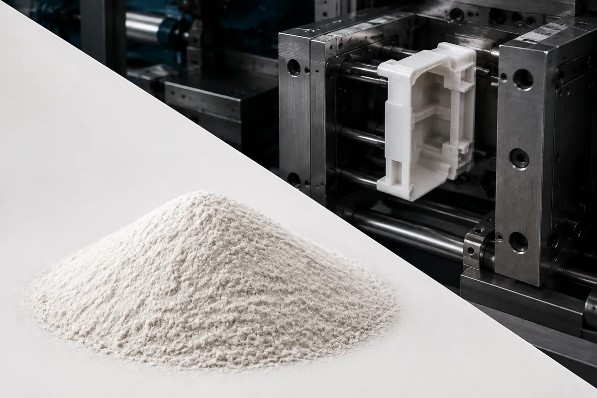 Transparent Mold-Release Masterbatch: hard-cut diagonal collage of pale white-gray mold-release powder and an injection mold ejecting a molded part