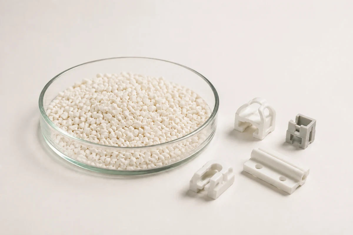 Opaque Impact Modifier Granule: opaque pale impact-modifier granules in a shallow glass dish beside injection-molded plastic clips and test brackets