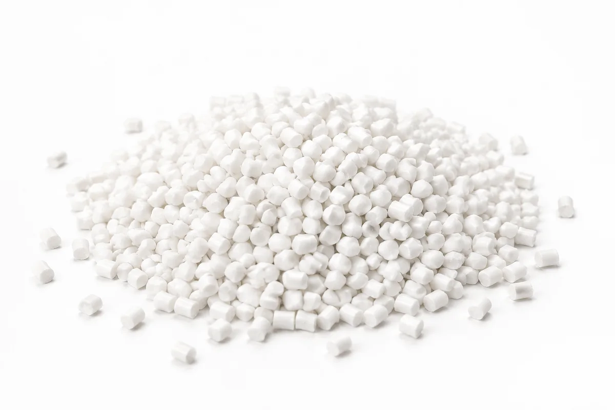 Plastic Heat Stabilizer: close-up of opaque white extrusion-cut heat-stabilizer granules on a clean white surface