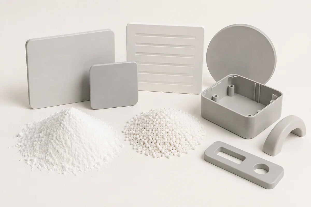 Plastic Matting Agent: white matting powder and granules beside low-gloss molded plastic samples