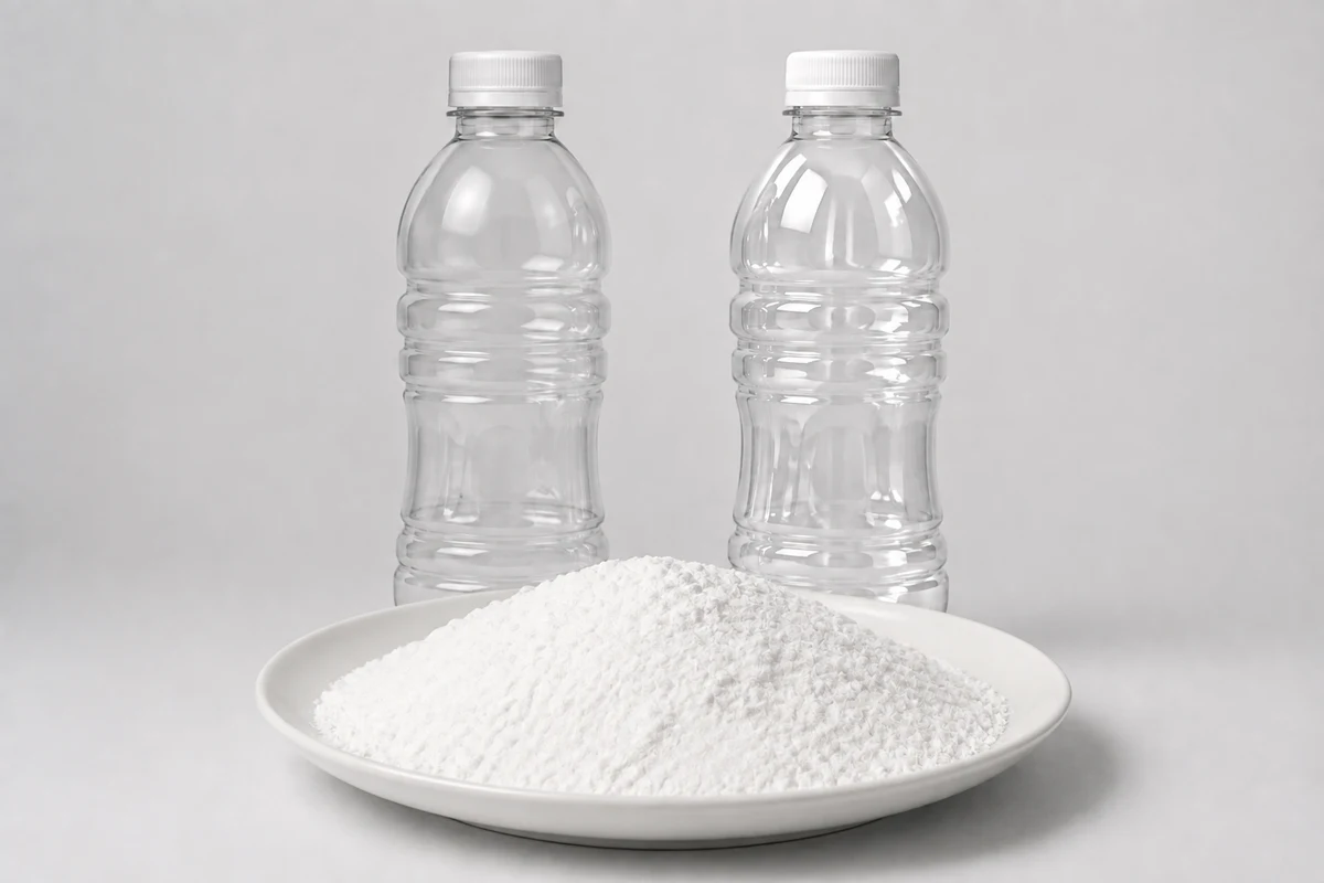 Plastic Shining Additive: fine white A-388 powder in a sample dish before two identical transparent PET bottles comparing subdued and enhanced surface gloss