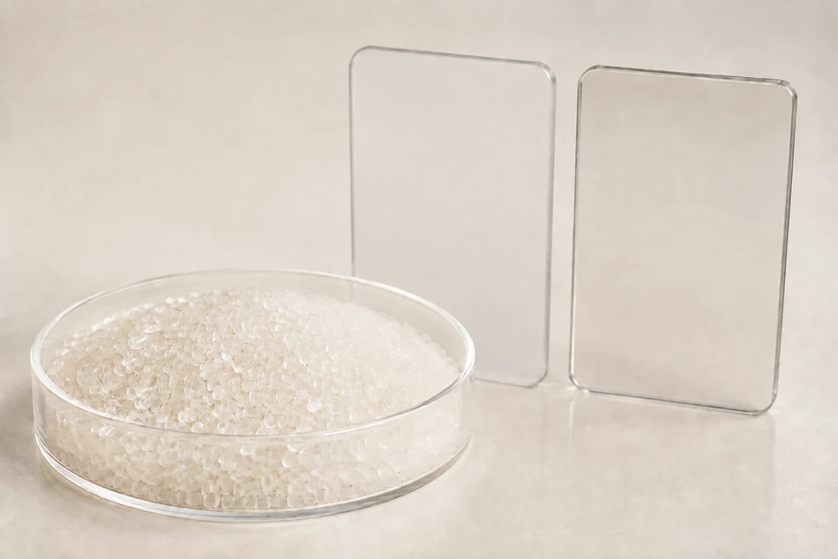 PP Clarifying Agent Masterbatch: uniform A-931 granules in a shallow sample dish beside same-color polypropylene test plaques comparing high and low haze