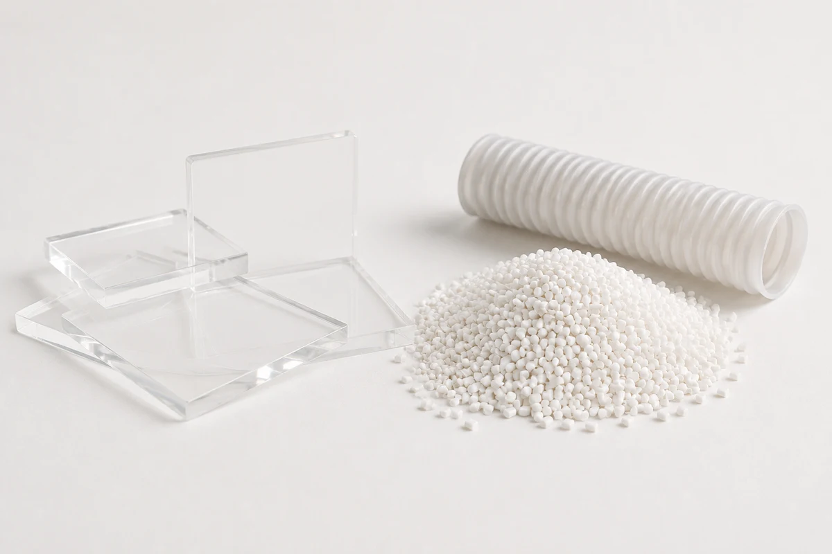 Resin Custom Modification: transparent resin test plaques beside uniform white short-cut modified EVA granules and a corrugated EVA hose sample