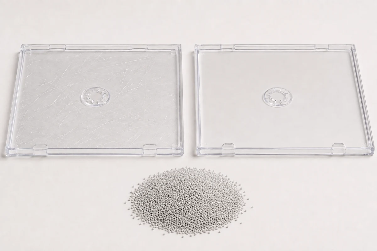 Anti-Scratch Slip Agent: fine gray-white S01 granules in a naturally scattered pile beside matching transparent PS lids with scratched and protected surfaces