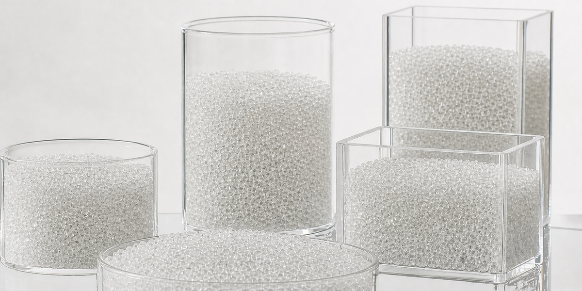 Transparent impact modifier masterbatch granules in clear staggered containers